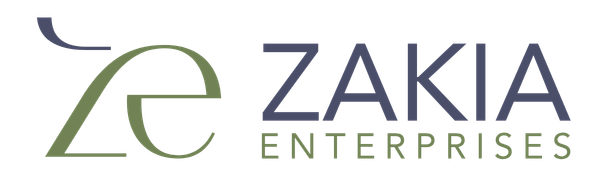 text written Zakia enterprises with a logo symbol on left in black and green color
